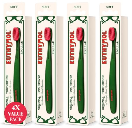 Euthymol Regular Spazzolino x 4, Compatto Piccolo Testa Piena, Morbido Setole, Tripla Curva Ergonomica Spazzolini Manuali, Sensibile Gengive Denti, Cura Dentale Quotidiana Dello Smalto Orale