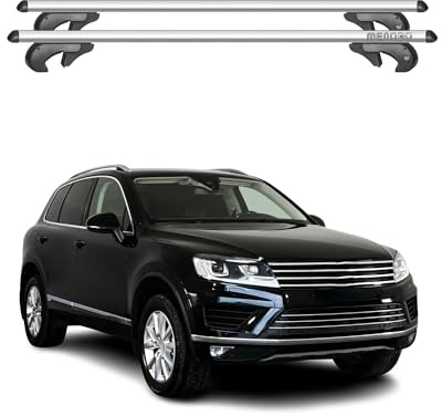 Menabo Dachträger Grundtäger kompatibel mit VW Touareg mk2 2010-2013 Pre-FL Aluminium 90kg Silber 2tlg Offene Reling kompatibel mit Fahrradträger, Dachboxen, Skiträger Abschließbar