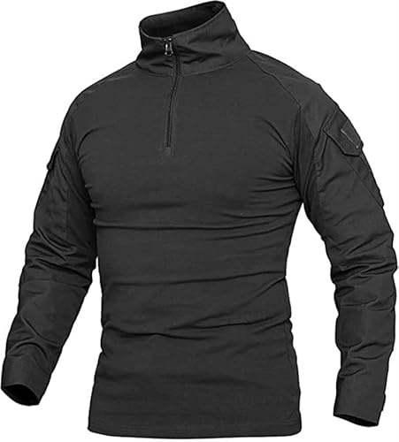 Czen Tactique Militaire Chemises pour Hommes, Chemise de Combat Airsoft Camouflage 1/4 Zip Longues T-Shirt Chemise de randonnée de l'armée en Plein air, Noir, 4XL