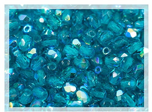 100pcs Faceted Fire Polished Pressed Czech Glass Beads 4mm (0.16in), Aqua Blue AB 60150-27801