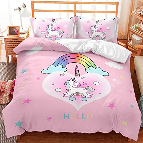 AOXHFNV Juego de Funda nórdica de Unicornio Rosa, Bonito Arco Iris Blanco Nube Unicornio niña Ropa de Cama 135 × 200 cm, diseño de Unicornio con 2 Fundas de Almohada (135 x 200 cm, Rosa 2)