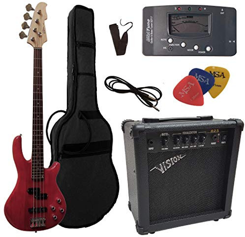 ELEKTROBASS - SET - ROT TRANSPARENT - E-BASS - GIGBAG-TASCHE - GURT - VERSTÄRKER 45 WATT - STIMMGERÄT - 3x PLEKTREN - KABEL - VISION SOUND GITARRE - LONG SCALE - JB8RT