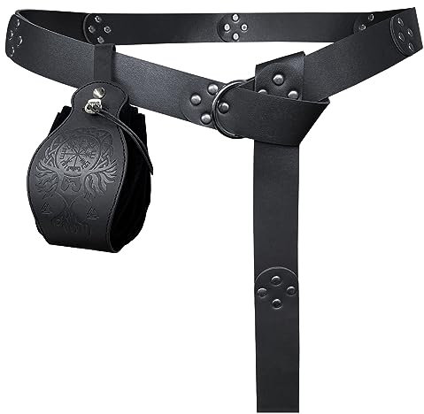 HiiFeuer Mittelalter Nietengürtel mit Tragbarem Phoenix Kordelzugbeutel, Retro Renaissance Kunstleder Gürtel und Geldbeutel Set für LARP (Schwarz A)