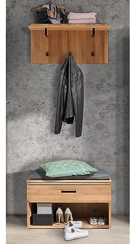 Lomadox Flur Garderobe Wandgarderobe mit Bank in Eiche massiv geölt, B/H/T: ca. 80/200/39 cm