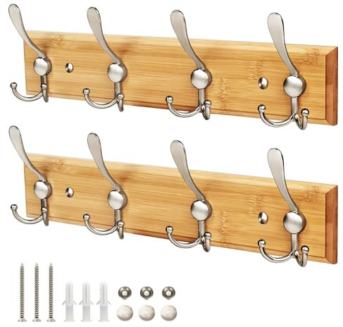 GlazieVault Coat Hooks for Wall - 4 Matt-Nickel Triple Bamboo Wooden Coat Racks (2 Pack) - Heavy Duty Coat Hooks Wall Mounted - Satin Nickel Hooks Wall Hanger and Clothes Hooks