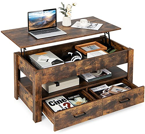 COSTWAY Couchtisch höhenverstellbar, Sofatisch mit anhebbarer Tischplatte & 2 Schubladen, ausziehbarer Wohnzimmertisch Kafeetisch aus Holz für Wohnzimmer und Büro, 106 x 50 x 48 cm