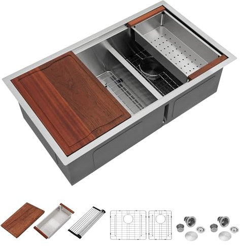 Dcolora 36 In. Undermount Double Bowl Kitchen Sink, 60/40 Low Divide Workstation, 16 Gauge 304 Stainless Steel Sink, 36 x 19 x 10 #DC-U7739