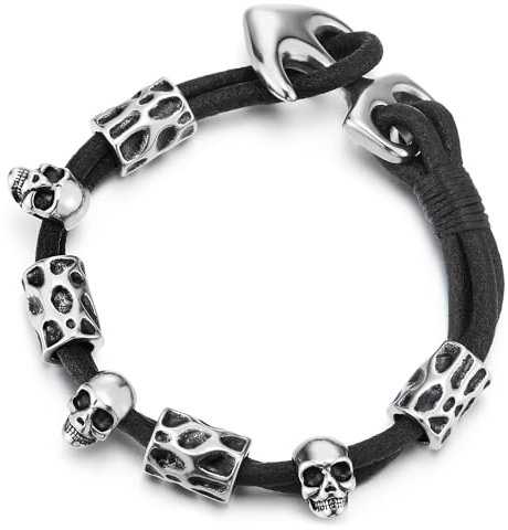 COOLSTEELANDBEYOND Vintage Schädel Charme, Edelstahl Marine Anker Armreif Armband für Herren, Leder Schweißband
