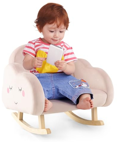 COSTWAY Fauteuil à Bascule Enfant en Peluche avec Dossier & Accoudoirs Confortable, Chaise à Bascule en Bois avec Forme Nuage, Charge 50kg pour Garçon Fille de 3-5 Ans