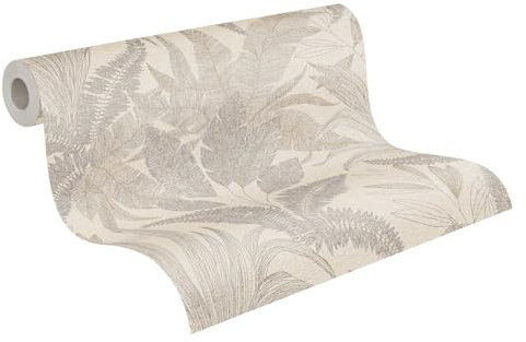 Livingwalls Tapete 396545 mit Palmenblättern in Beige, Creme - hochwertige florale Tapete mit feiner Struktur und Metalliceffekt in Gold - 10,05m x 0,53m - Made in Germany