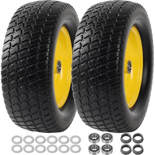 AR-PRO (Pack de 2) 15x6.00-6 Pneu et roue sans chambre à air, pneus avant solides pour tondeuse à gazon avec moyeu central de 3 pouces, roulements de 3/4 et 5/8 et bagues de 1, compatibles avec la