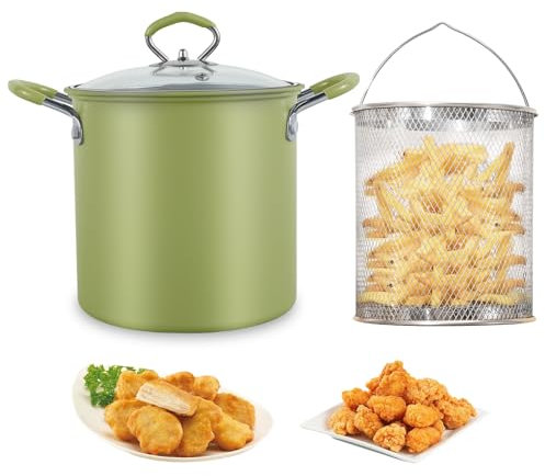 Deep Fryer Pot with Strainer Basket & Lid 3L Stainless Steel Deep Fryer Pan Heat Resistant Chip Pan Fryer Mini Frying Oil Container for Fries Fish Shrimp(Green)