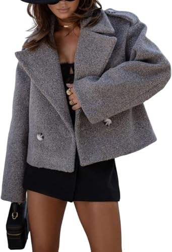 Cappotto Corto da Donna in Tweed Moda Tendenza Risvolto Giacca Monopetto Elegante Business Sciolto Cappotto Invernale Casual (Grigio,S)
