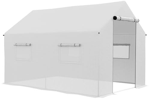 Outsunny Serre de Jardin Tunnel 2 x 3m, 6m² avec Porte Enroulable, 4 fenêtres, - Acier galvanisé PE Haute densité Blanc