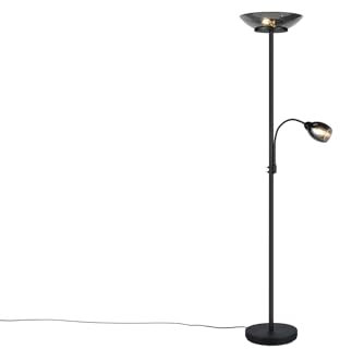 meineWunschleuchte Deckenfluter Schwarz 180cm mit flexibler Leselampe und Glasschirmen Chrom
