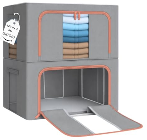 ZenCasa | 2 Scatole per Armadio Rigide con Cerniera da 66L, Set da 2 Contenitori per Armadio Salvaspazio, Organizer Armadio con Struttura in Metallo Pieghevole con Maniglie Rinforzate (66L, 2, unità)