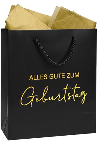 MEJOSER Geschenktüte Geburtstag Schwarz 25x21x10cm Groß Geschenktasche mit Henkel aus Papier Happy Birthday Tüte mit Seidenpapier für Frau Mann Junge Mädchen