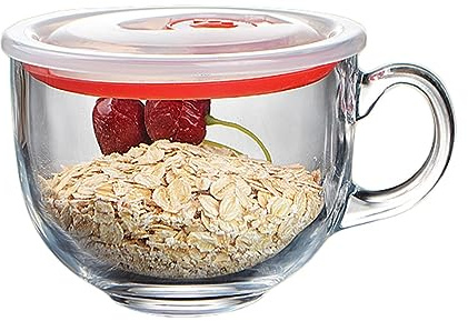 JKXLSLAX Oatmeal Bowl Mug Tempered Glass Breakfast Cup with Lid and Wooden Spoon Can Be Used in Microwave Oven, Portable Soup Bowls Coffee Cup Dessert Bowl 470ml