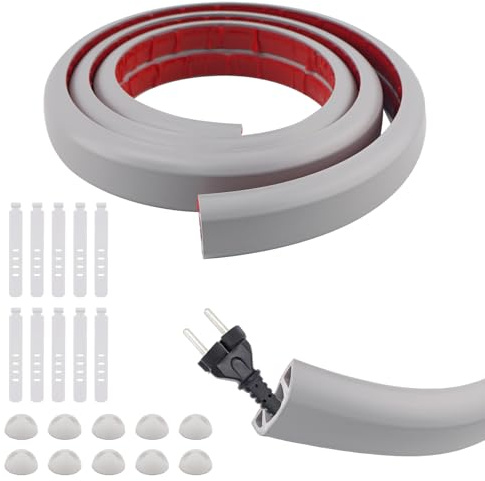 AWBEOT 2 M Canaletas para Cables Adhesivas, Canaleta Pasacables para suelo, Protector de Cables Flexible, Cubre Cábles Suelo de PVC, con 10 Tiras para Organizar,10 Clips de Escritorio,20mm x 10mm,Gris