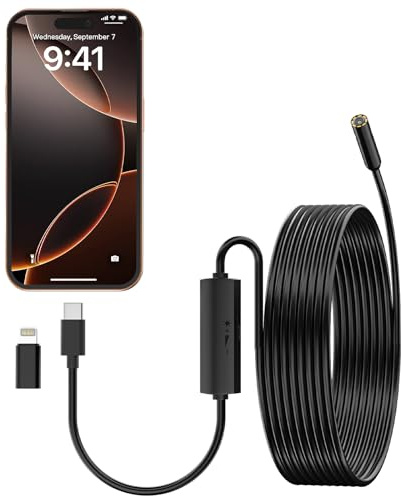 ILIHOME Endoscope Caméra Endoscopique, 1080P HD 3 en 1 USB Endoscope Camera d'inspection, 5M Câble Semi Rigide, IP67 Étanche avec 8 Lumières LED Sonde de 7,9 mm pour iPhone iOS Android