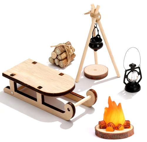 GWHOLE 8 Stück Lagerfeuer Miniatur Wichtelzubehör Weihnachten Puppenhaus Wichtel Zubehör Holz Krippen Zubehör Set mit Schlitten Wichtel Lagerfeuer Krippe DIY Wichtel Feuerstelle für Weihnachten Deko