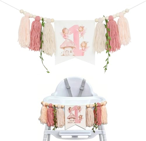 KEWUF 1 Pcs anniversaire 1 an, Bannière de chaise haute faite à la main Boho 1er anniversaire rose décoration de fête pour fille mousse de bébé