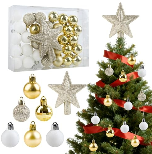 Bolas Árbol de Navidad, 32 Piezas 3cm Adornos Navidad Traje, Adornos Arbol Navidad Colgantes Irrompibles con Estrella Árbol para Decoración, Oro