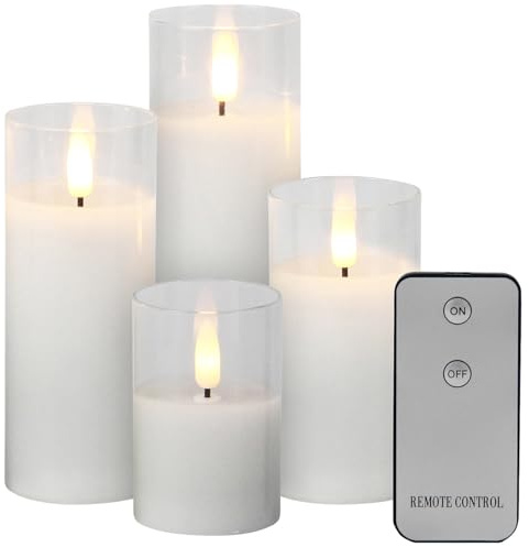 Lunartec LED Kerzen Wachs: 4er-Set LED-Echtwachskerzen im Glas, mit Docht und Fernbedienung, weiß (Kerzen im Glas Sets, Glaswindlicht, Timer)