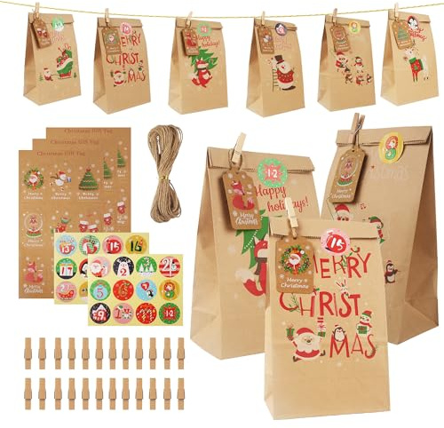 ACOMTUO 24 Calendrier de l'Avent Sacs, Calendrier de l'Avent 2025 à Remplir Soi-Même, Pochette Calendrier de L'avent à Remplir avec Autocollants et Pinces en Bois, Etiquettes Numéro