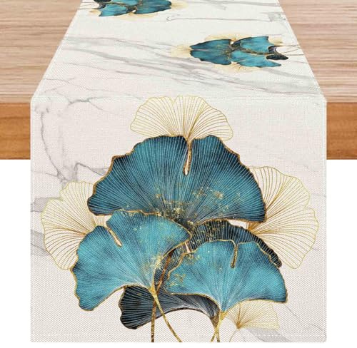 Avalune Tischläufer Modern Winter Türkis Blätter Leinenoptik Läufer Tisch Grün Gold Ginkgo Biloba Marmor Textur Frühling Abwaschbar Outdoor Table Runner für Urlaub Party Küche Tischdeko 40x140cm