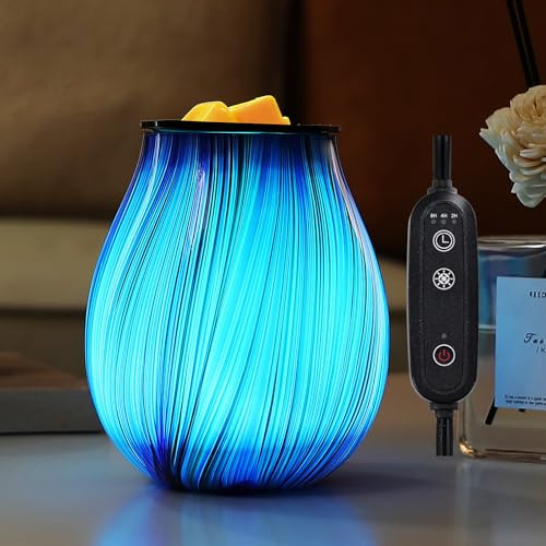 Inrorans Glass Electric Wax Melt Warmer Oil Burner with Stable Heating PTC Reusable Silicone Tray 7 Colorful Changing Led Light Night Light Scent Warmer for Home Fragrance Warmers-Blue Silk Timer