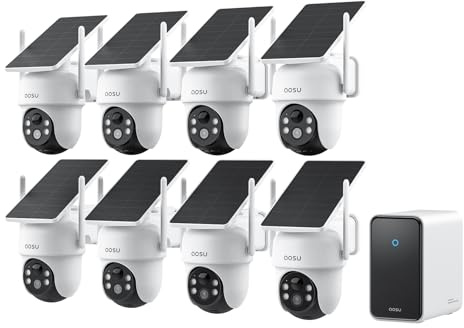 aosu D1 Classic 3K Camera Surveillance WiFi Exterieure sans Fil Solaire | PTZ 360° Suivi Automatique, Kit 8 Caméras avec aosuCortex, Sans Abonnement, Extensible 16 Go, IA Personnes/Véhicules/Animaux