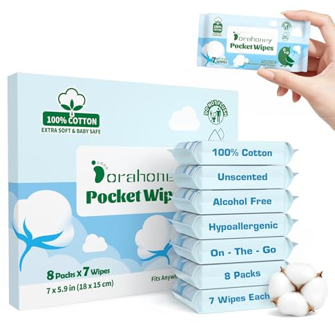 Dorahoney 100% Cotton Travel Wet Wipes, 99% Water, Unscented, Hypoallergenic Mini Wet Wipes for Adults, Kids and Baby Care, Pocket Wipes Travel Essentials for Sensitive Skin, 8 Pack (56 Wipes Total)