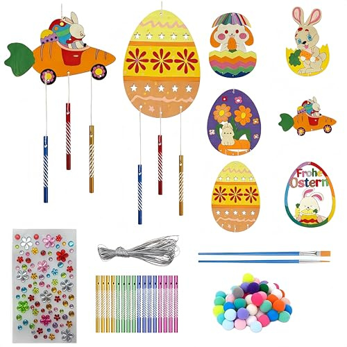 Wogueish 12 pcs Ostereier Windspiel-Bausätze für Kinder | Holz-DIY Osterbasteleien, Einfaches Basteln für Frühlingsparty & Schulklasse | Hängende Osterdekoration, Kreativer Bastelbedarf als