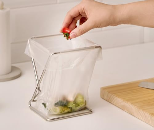 WAGENSTEIGER Foldable Stainless Steel Trash Bag Holder 13×17cm (5.12 × 6.69) Compact Countertop Waste Stand for Kitchen Food Prep, Desktop Use & Camping | Easy-Fold Space-Saving Bag Frame