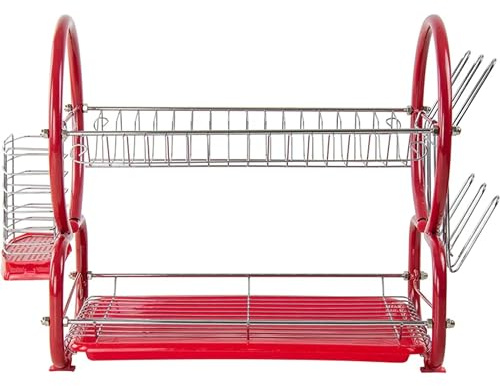 2 Tier Dish Drainer Rack with Drip Tray Metal & Plastic Kitchen Drying Rack with Utensil Holder Modern Space Saving Dish Drying Organiser