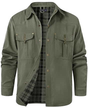 Voqeen Veste Homme Mi Saison Blouson Homme Printemps Été À Manches Longues En Tissu À Carreaux Décontracté Veste Demi Saison Robuste À Boutons-Pression Veste D'extérieur Doublée De Flanelle