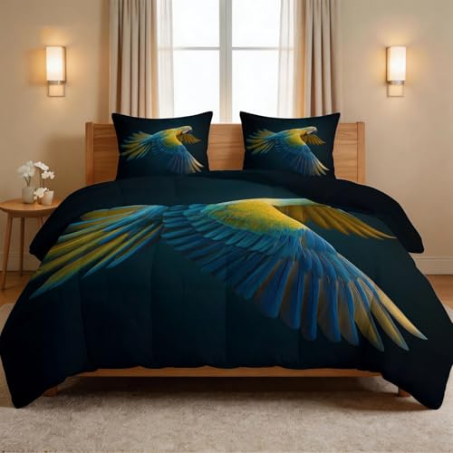 Trapunta 140 x 200 cm moderna fotografia 3 pezzi – trapunta e 2 federe per cuscino, animale pappagallo ali volo per letto singolo – trapunta per tutte le stagioni lavabile in lavatrice – facile