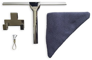 Antikalkblitz Duschabzieher Edelstahl Set mit Halterung, Pflegetuch, Clip | Streifenfreies Abziehen mit weicher Kunststoff Lippe | Flexible Halterung ohne zu Bohren