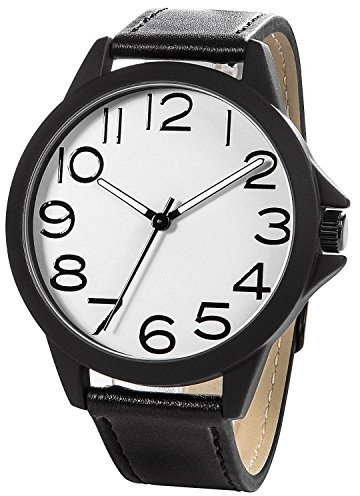 NUOVO Men’s Watches Black Leather Strap Quartz Analogue White Dial Wrist Watch Arabic Number Water Resistant Classic