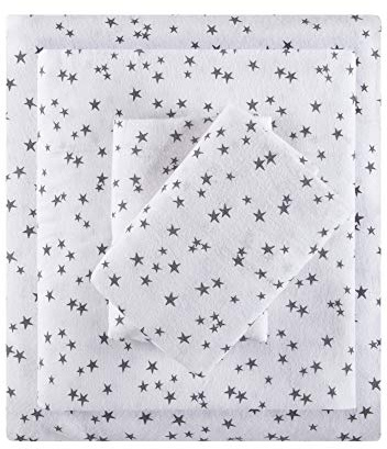 Intelligent Design Cozy Soft 100% Cotton Flannel Print Animals Stars Cute Warm, Ultra Soft Cold Weather Sheet Set Bedding, Twin, Grey Stars 3 Piece