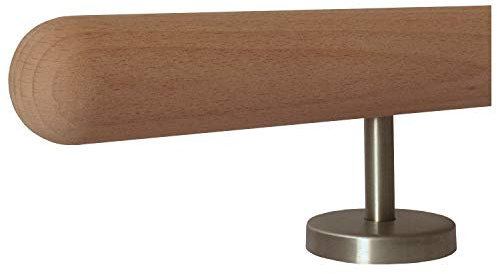 TIBU Handlauf Holz Buche unbehandelt 0,3m-5m Geländer Wand Treppe Griff Ø 42 mm, Länge 500mm - 2 Edelstahl Halter - Enden: Halbkugel gefräst