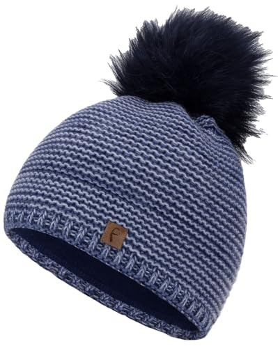 Faera Wintermütze Mütze Damen warm gefüttert Kunstfell Bommel Bommelmütze Fleecefutter Winter Strickmütze Beanie Mütze 31