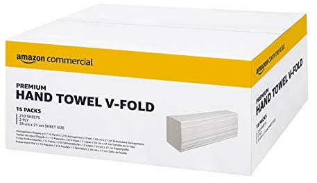 AmazonCommercial Essuie-Mains en Papier Plié V, 2 Epaisseurs Premium, 3150 Unité (15 lot de 210), Taille des Feuilles: 21 x 24 cm, Blanc, Compatible Distributeur H3