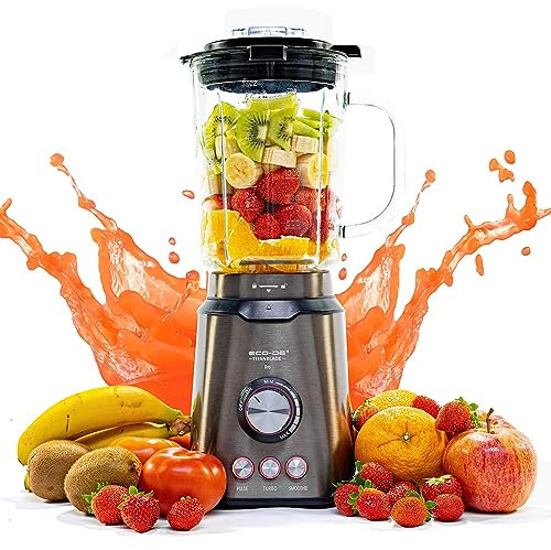 ECODE® Batidora de Vaso Titanblade Pro 1250W, Jarra Cristal 1.75L, 6 Cuchillas Titanio, Pica Hielo, 3 Velocidades + Turbo, Seguridad, Antideslizante, Acero Inoxidable, Recetario Gratis ECO-480