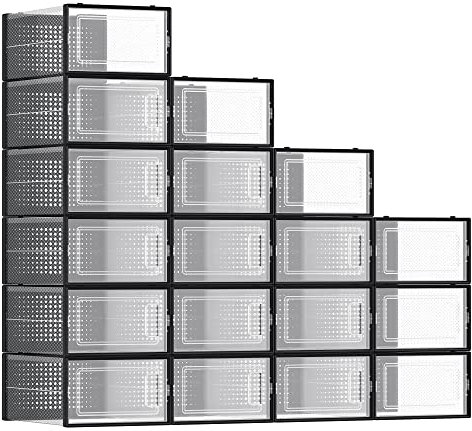 SONGMICS Boîtes à Chaussures, Lot de 18, Rangement Chaussures, Pliable, pour Pointure jusqu’à 44, Transparent et Noir LSP18SBKV1