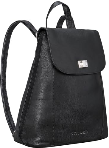 STILORD Victoria Lederrucksack Damen Schwarz Vintage Rucksack für 13,3 Zoll MacBook DIN A4 Elegante Rucksackhandtasche für City Ausgehen Shopping Daypack