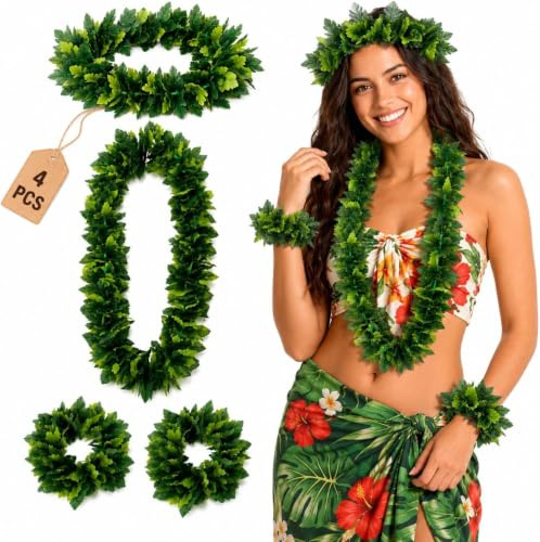 ABOOFAN Hawaii Outfit Damen Set - 4-teilig Set Mit KüNstlichem BläTter Haarband Halskette Und ArmbäNdern, Hautfreundliches Hawaii Accessoires für Beach Party, Sommerfest & Karneval