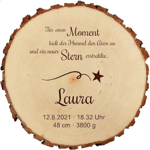 Baumscheibe 18cm mit Gravur (Name, Datum, Uhrzeit, Gewicht, Größe) personalisierte Holz-Scheibe Taufgeschenke Geschenke zur Geburt Taufe, MotivGE1