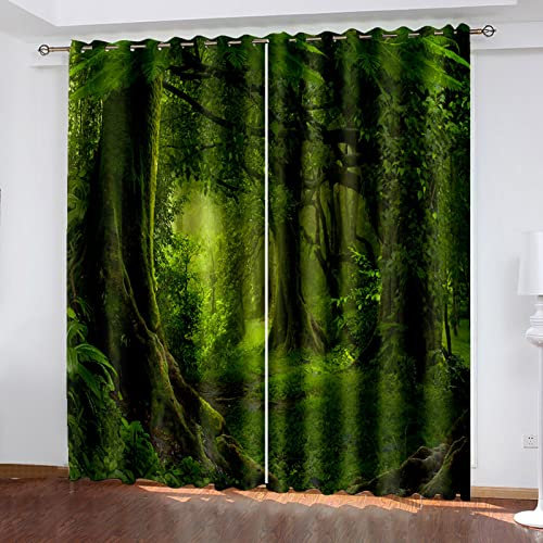Kinder Gardinen Kinderzimmer Junge Mädchen Blickdicht Grüner Fantasy-Dschungel 200X160Cm 2Er Set Verdunkelungsvorhang Thermovorhang Hitzeschutz Vorhänge Wohnzimmer Schlafzimmer Vorhänge Mit Ösen